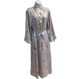 Sensara Vtg Housecoat Robe S/M Blue Floral Long Length Pockets Lace Trim Satin
